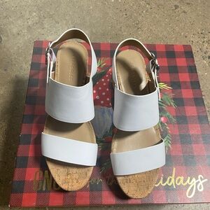 AEROSOLES White and Tan Sandals with Cork Footbed